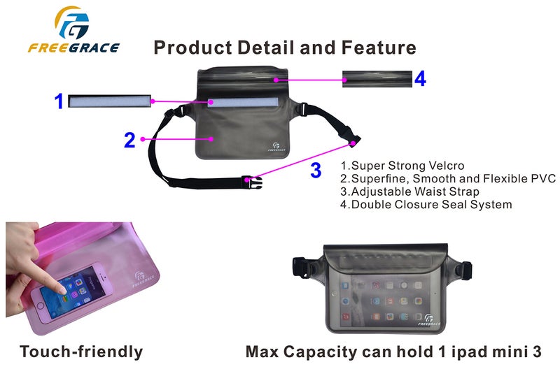 Freegrace Waterproof Pouches Set with Waist Strap - Keep Your Phone and Valuables Dry and Safe â€“ Waterproof Dry Bags for Boating Swimming Snorkeling Kayaking Beach Water Parks Fishing (2 Pack Grey) - Image 3